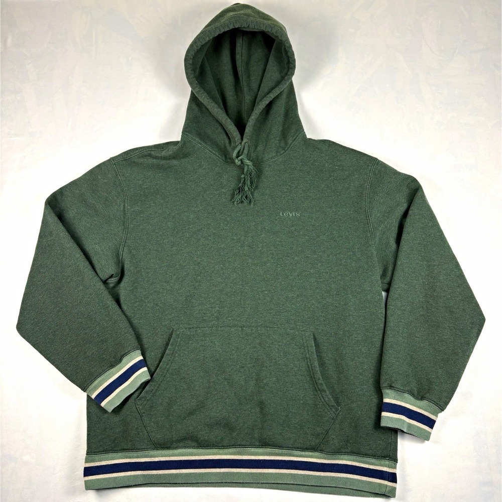 Levi's Relaxed Fit Hoodie Mens M Heather Green Striped Rib Pullover Sweatshirt